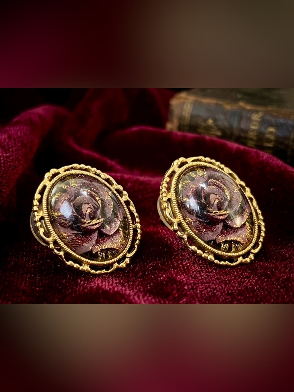 Vintage Victorian Revival Rose Glass Cabochon Pierced Post Earrings Gold Tone